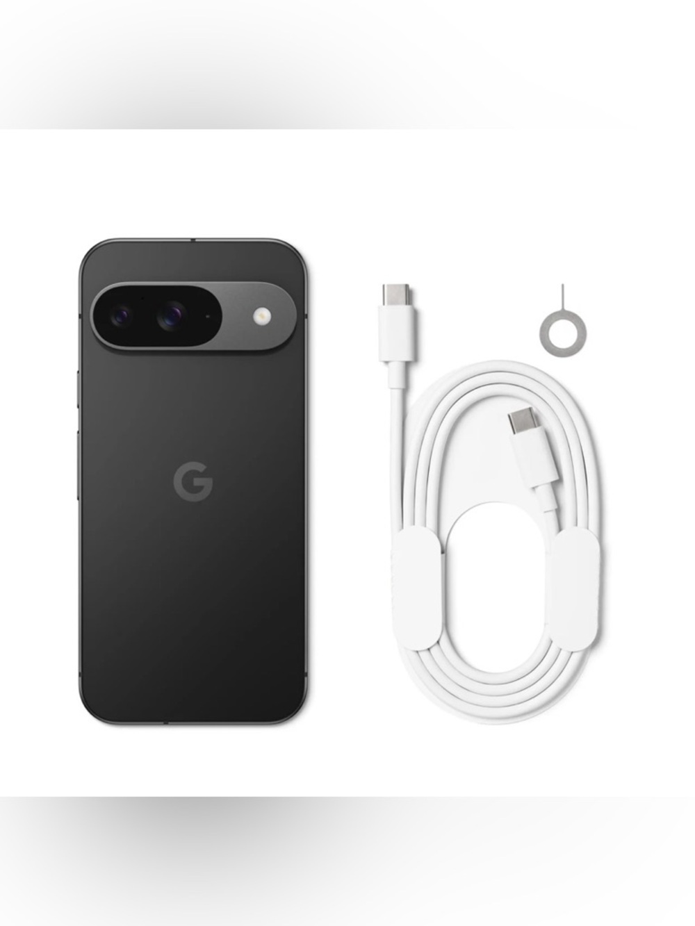 google Pixel smartphone with white USB-C cable - Black finish